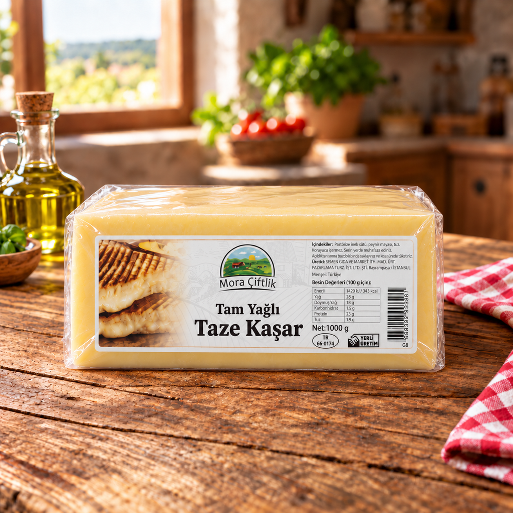 Mora Çiftlik Tam Yağlı Taze Kaşar 1000 g vakumlu paket