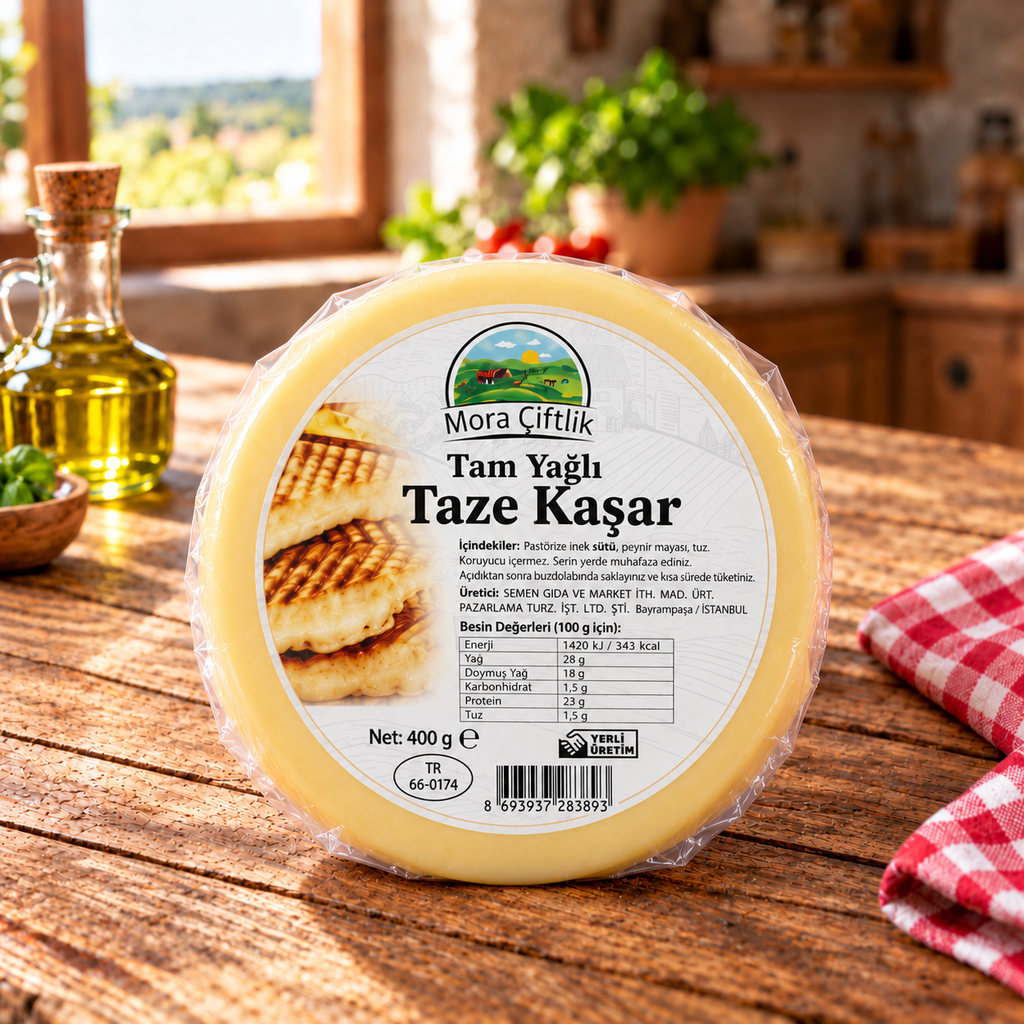 Mora Çiftlik Tam Yağlı Taze Kaşar 400 g yuvarlak vakumlu paket